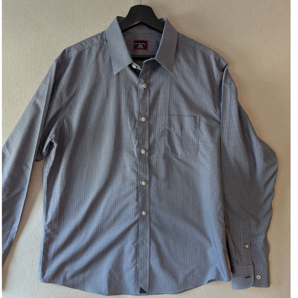 UNTUCKit Button Down Shirt Blue Micro Gingham Wrinkle Free Cotton Mens Large